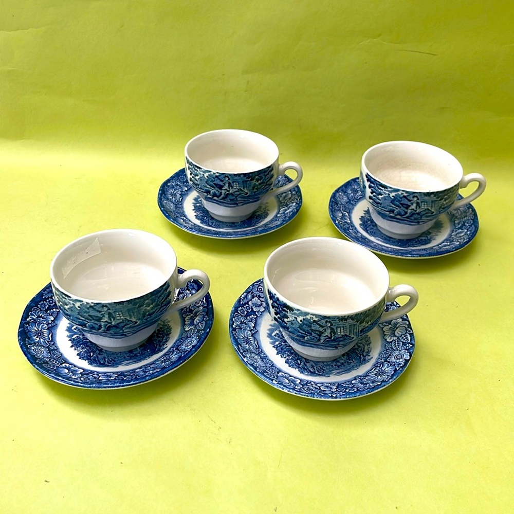 Vintage blue/white Liberty Blue fine china tea cup with saucer set of 4